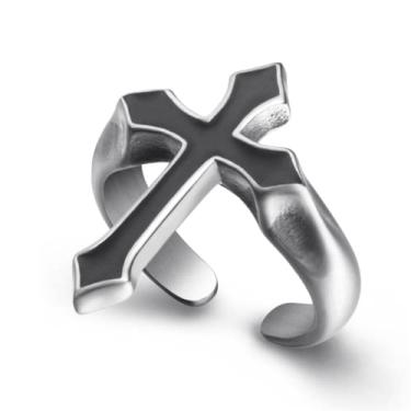 Imagem de Elfasio Anel de cruz vintage preto vermelho cola gotejante simples unissex aço inoxidável cruz cristitana anel religioso tamanho 8-13, Aço inoxidável, Sem pedras preciosas