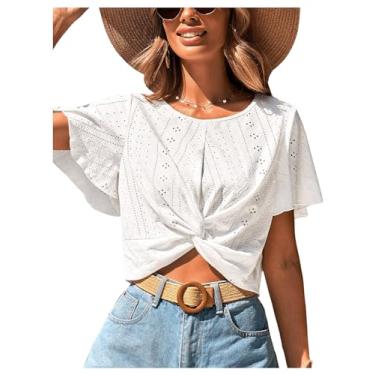 Imagem de SweatyRocks Camiseta feminina gola redonda cropped bordada com ilhós, boêmio, Branco, G