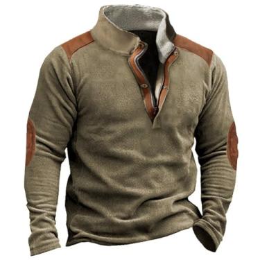Imagem de JMMSlmax Suéter masculino casual elegante outono vintage remendo cotovelo veludo cotelê jaqueta camisa Henley camisas ocidentais, Caqui A8, GG