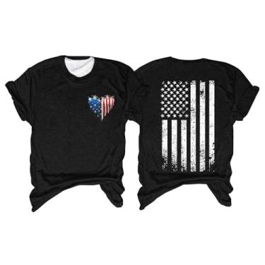 Imagem de Camiseta feminina com bandeira da América, roupa do quarto de julho, roupa do Memorial Day, camiseta patriótica feminina de manga curta, #4 - Preto, 3G
