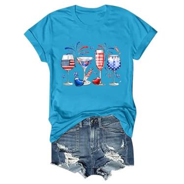 Imagem de Camisetas femininas patrióticas 4 de julho 2024 de manga curta gola redonda bandeira dos EUA túnicas gráficas engraçadas taça de vinho, Azul-celeste, M