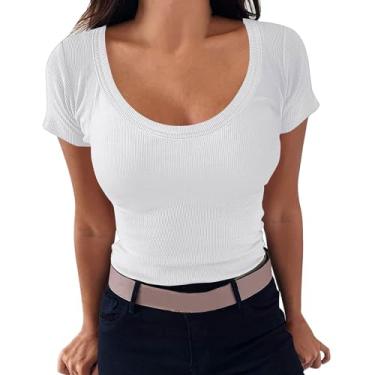 Imagem de Nagub Top feminino de verão com nervuras manga curta gola canoa espartilho slim fit camiseta Y2k roupas para sair 2024, Branco, XXG