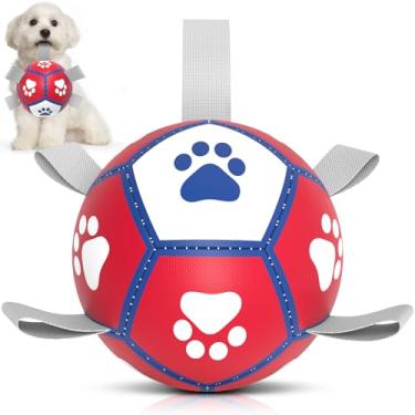 Imagem de Diman Bola de futebol premium para cães com alças, bolas interativas para cães de cabo de guerra, jogos de quintal, brinquedo de piscina aquática para cães, bola de pastoreio para cães pequenos