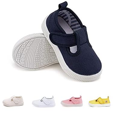 Imagem de Tênis infantil de lona com tira em T para crianças pequenas, clássico, confortável, Mary Jane, sapatilha de algodão, antiderrapante, casual, Azul, 22