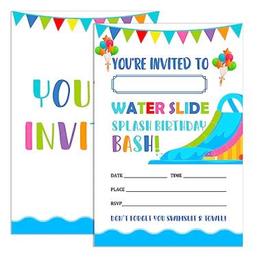 Imagem de Convites de aniversário para meninas com envelopes, convites de festa de aniversário na piscina tobogã, Splish Splash Cartões de convites de festa de aniversário de verão, festa de aniversário Splash,