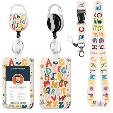 Imagem de Suporte de crachá de identificação com cordão colorido alfabeto retrátil clipe de carretel de crachá de letra inglesa cordão de nome protetor vertical de identidade, porta-cartão de identificação,