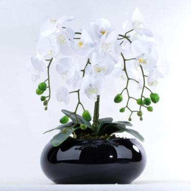 Imagem de Arranjo de Orquídea Artificial Branca de Silicone em Vaso Preto - Vila