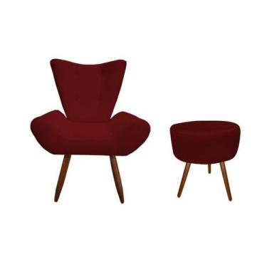 Imagem de Kit Poltrona Decorativa Emilia + Puff Redondo Suede Marsala Pés Madeir