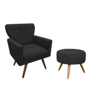 Imagem de Kit Poltrona Decorativa Aurora + 1 Puff Redondo Suede Preto Pés Madeir