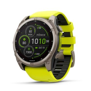 Imagem de Garmin fASCGnix® 8 – 51 mm, solar, AMOLED, safira, smartwatch GPS multiesportivo premium, vida útil da bateria, classificação de mergulho, lanterna LED embutida, titânio com faixa amarela/grafite