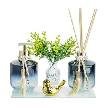 Imagem de Kit Lavabo Banheiro Luxo Porta Sabonete Aromatizador Vidro Rubi Sabone