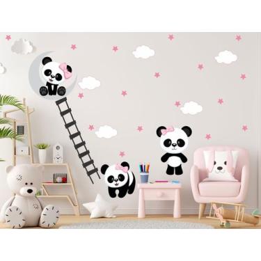 Imagem de Adesivo de Parede Pandas Escada Lacinho Rosa Lua e Nuvens - Adesivos K
