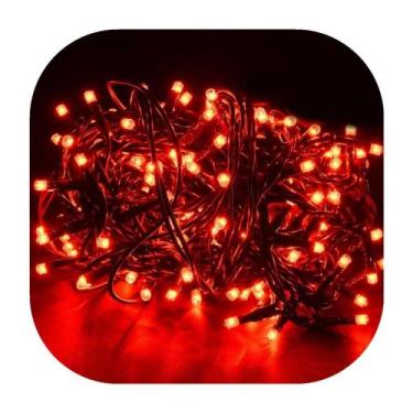 Imagem de Cordão Pisca 100 Led Prova Dágua Fixo Vermelho Fio Verde 10m Decor Nat