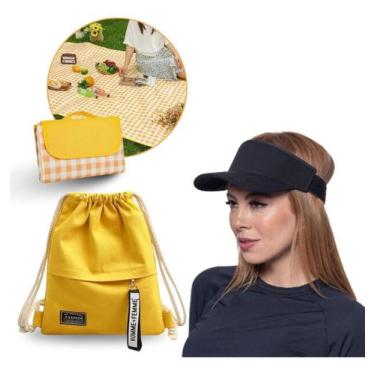 Imagem de Kit Mochila Lona + Viseira + Tapete De Piquenique Resistente Lançament