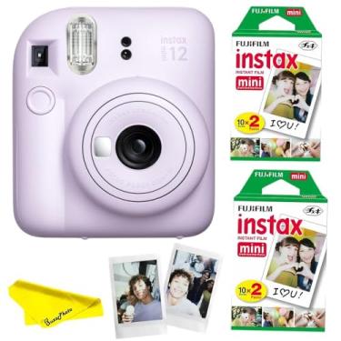 Imagem de Fujifilm Câmera instantânea Instax Mini 12 com películas instantâneas Instax Mini (2 pacotes duplos) e pano de limpeza de microfibra BuzzPhoto (roxo lilás)