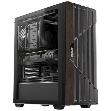 Imagem de Okinos Capa para PC ATX de madeira de carvalho, 4 x 120 mm, 3 pinos, não PWM, ventiladores pré-instalados, porta tipo C, painel lateral de vidro temperado, capa preta para computador de torre média
