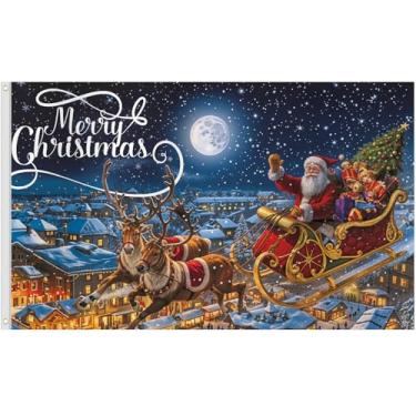 Imagem de Arosche Decoração de Natal, bandeira 9,5 x 1,5 m, Feliz Natal, Papai Noel, Rena, pano de fundo para pendurar ao ar livre, suprimentos de festa para jardim, gramado, quintal, decoração de desfile