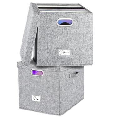 Imagem de Conjunto de 2 caixas de armazenamento de discos de vinil, para mais de 100 LPs individuais (30 cm), caixa de linho empilhável com tampa, suporte para coleção de música, pasta de arquivos de documentos