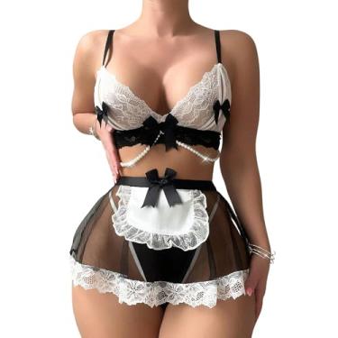 Imagem de SOFIA'S CHOICE Womens Maid Outfit Sexy Cosplay Costume Set Floral Lace Lingerie with Pearls and Mini Skirt Black Large