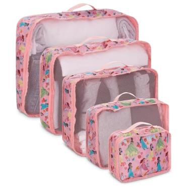 Imagem de Disney Minnie Mickey Stitch Packing Cubes – Ursinho Pooh, Princesa Cinderela, Carros, Toy Story, 5 peças de compressão – Essencial para viagem – Conjunto organizador de mala de bagagem, rosa