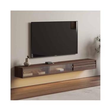 Imagem de Armário de TV Unidade de TV flutuante, gabinete de TV montado na parede de 55,1/70,8" com portas deslizantes de vidro e gaveta, moderno centro de entretenimento flutuante de nogueira para TV embaixo A