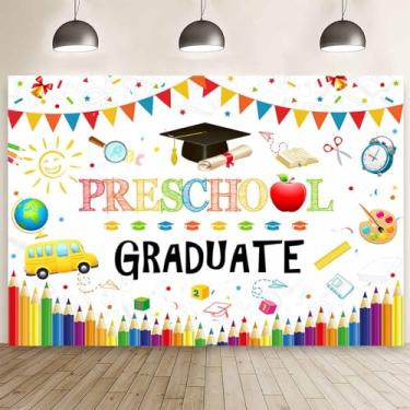Imagem de MEHOFOND Pano de fundo de 2,1 x 1,5 m para pré-escola de pós-graduação para crianças, jardim de infância, graduação, fotografia de 2024, pré-escolar, decoração de festa de formatura, bandeiras