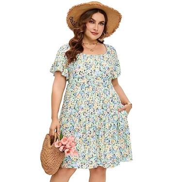 Imagem de Vestido plus size feminino plus size floral decote V manga curta comprimento até o joelho mini vestidos evasê, Flor roxa amarela, 4G
