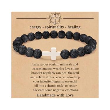 Imagem de RENYILIN Pulseira com contas de cruz de pedra natural, 8 mm, pulseira unissex para vale-presente, One Size, Pedra, Sem Pedra Preciosa