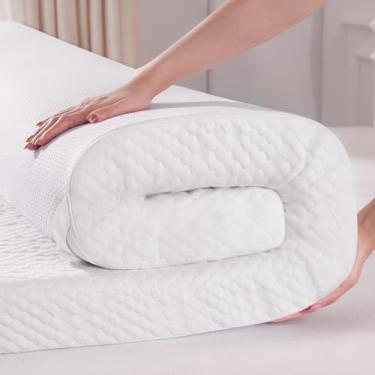 Imagem de Topper de colchão Queen Size de 10 cm com capa Tencel™, cobertura de cama de espuma viscoelástica com infundido em gel, almofada de colchão ventilada para dor nas costas, alívio de pressão, alças