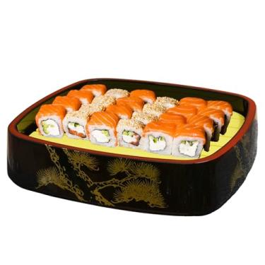 Imagem de Bandeja de servir sushi vermelho escuro com arte de bonsai - Bandeja quadrada de sashimi e prato de frutos do mar, bandeja de plástico laqueada japonesa para casamentos, festas, churrascos e eventos