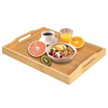 Imagem de Bandeja de bambu para servir comida com alças, bandeja de café da manhã para chá, lanche, jantar, armazenamento decorativo de alimentos, travessa, pufe para balcão de cozinha, banheiro, restaurante
