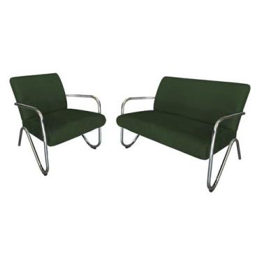 Imagem de Kit Namoradeira + Poltrona Decorativa Bela Suede Verde Braço Cromado -