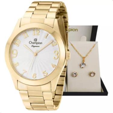 Imagem de Relógio Champion Feminino Dourado CN26564H + Kit Semi Joia