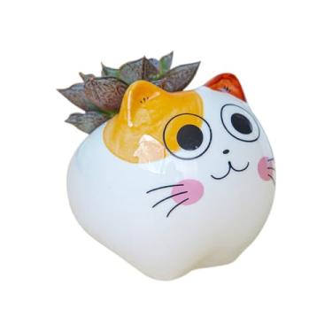 Imagem de RUIXIAOXI Mini vaso de cerâmica para suculentas para gatos, pequeno vaso de animais, lindo desenho animado em forma de gato, suculenta, suporte para plantas pequenas, cacto, flores, sem plantas