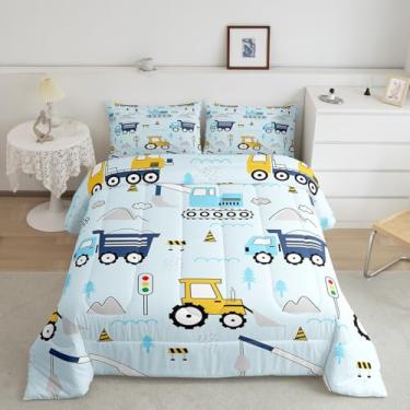 Imagem de Manfei Jogo de cama solteiro com desenho animado de carros infantis, tratores, escavadeira, caminhão, pinheiros, decoração de quarto de meninos e meninas, veículo de construção, edredom com enchimento