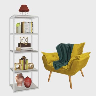 Imagem de Kit Poltrona Fatte com Manta Soft Verde e Estante Livreiro Ferro Branco mdf Marmorizado Cinza Suede Amarelo - Ahazzo Móveis