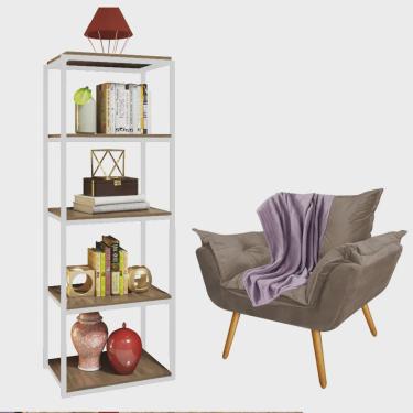 Imagem de Kit Poltrona Fatte com Manta Soft Lilás e Estante Livreiro Ferro Branco mdf Freijó Suede Bege - Ahazzo Móveis