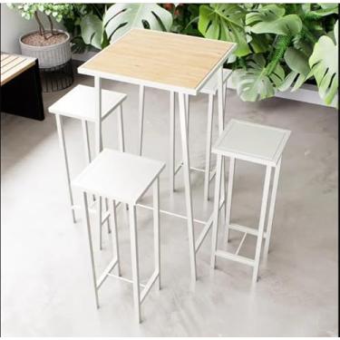 Imagem de Conjunto Mesa Alta Bar Bistrô Pinus 4 Bancos Branco Botequim Industrial White