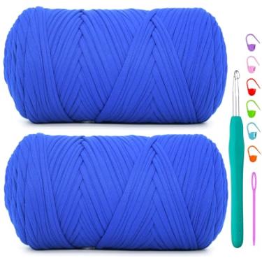 Imagem de Pacote com 2 fios de camiseta para crochê, azul royal, tecido elástico macio, grosso, grosso, fio de crochê para crochê, tricô iniciante, bolsa de tricô à mão/artesanato faça você mesmo/decoração de