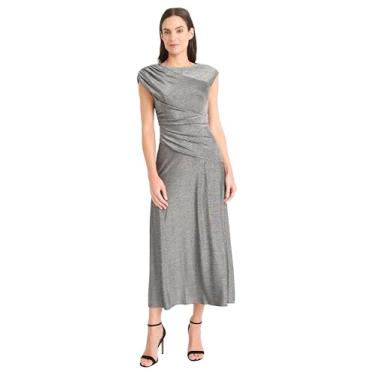 Imagem de Maggy London Vestido feminino elegante franzido midi manga cavada gola canoa vestido coquetel justo, Prata, 50