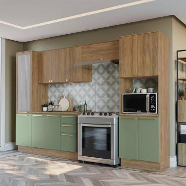Imagem de Cozinha Completa Kappesberg Botanic Flora com 12 Portas, 3 Gavetas, 11 Prateleiras, Nicho e 330cm de largura - Nogueira/Verde Oliva