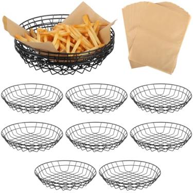 Imagem de Anjetan 12 cestas de arame para servir alimentos, cestas de pão de arame com 50 folhas de embrulho de delicatessen, cesta de lanche de metal com papel absorvente de óleo para festa em restaurante