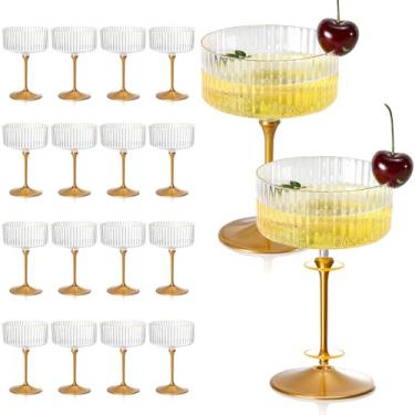 Imagem de 24 peças de copos de martini destacáveis de 283 g de plástico transparente com nervuras copos de cupê de borda dourada descartáveis com haste dourada conjunto de copos vintage para coquetel copo de