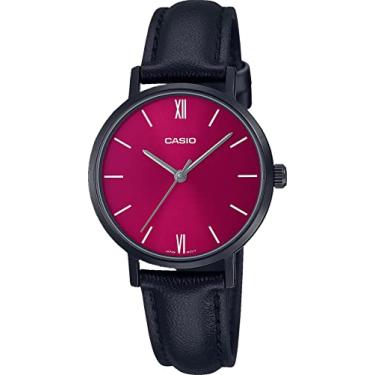 Imagem de Casio LTP-VT02BL-4A Relógio analógico feminino minimalista preto IP com mostrador vermelho com 3 ponteiros, Relógio analógico, movimento de quartzo