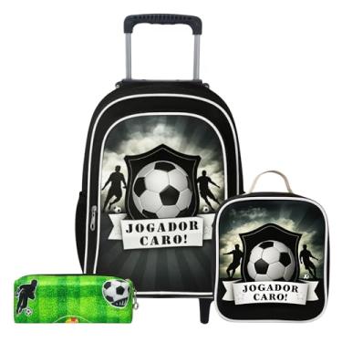 Imagem de Kit Mochila de Rodinha Escolar Infantil Menina e Menino + Lancheira + Estojo Grande Box Necessaire (Futebol)