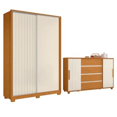 Imagem de Conjunto de Quarto Guarda Roupas 2 Portas de Correr e Cômoda Hera Flex Madeirado/Off White