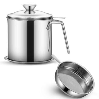 Imagem de Ralleyfun Recipiente Para Gordura De Bacon Com Filtro Removível, Tampa Confortável, Bandeja Descanso Copo, Óleo Aço Inoxidável Alça Fritura, Cozinha 1,3 L (46 Fl. Oz.) (Estilo C)