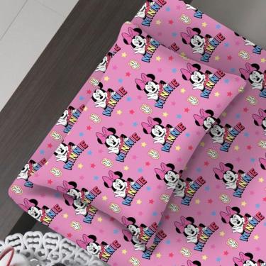 Imagem de Jogo De Cama Portallar Solteiro Malha Mista 65% Algodão E 35% Poliéster Estampado Disney Minnie Estrela 2 Pçs Rosa