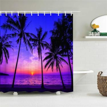 Imagem de Cortina de chuveiro de tecido Sunlight Ocean Beach Cortinas de banheiro Sunset Dusk Sea Tamanho grande 300x180CM Tela de banho com 12 ganchos, 6107L, L210xA180cm