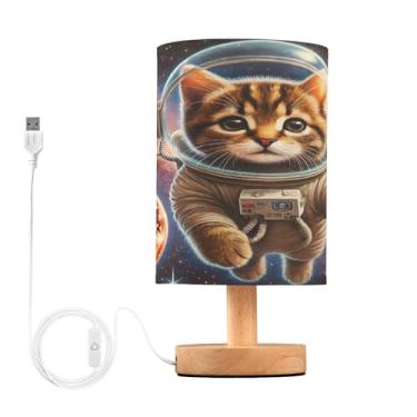 Imagem de Joisal Lâmpadas de leitura de gato astronauta espacial, luminária de mesa LED de linho pequena lâmpada de balcão, decoração de quarto de dormitório